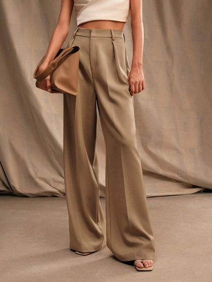 Tatiana Pleated High Waist Wide Leg Trousers with Pockets - Apricot