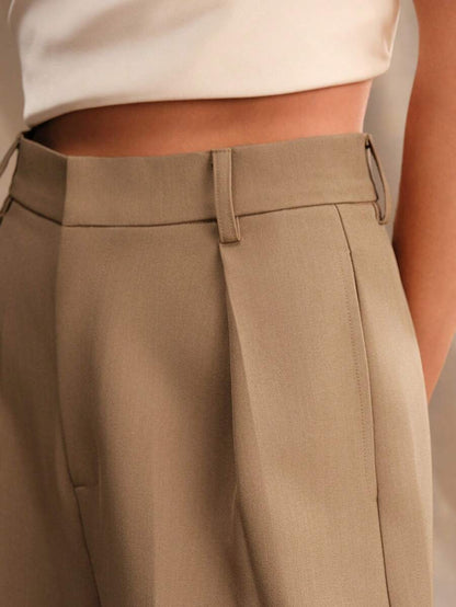Tatiana Pleated High Waist Wide Leg Trousers with Pockets - Beige