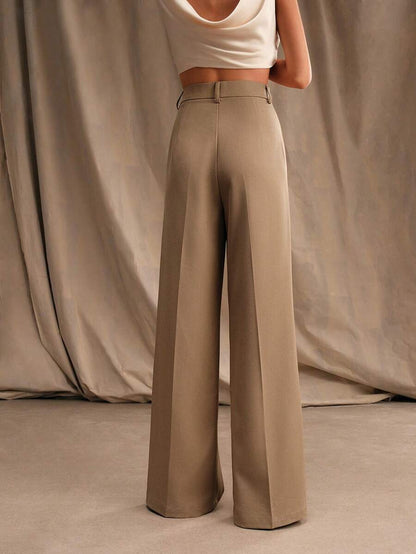 Tatiana Pleated High Waist Wide Leg Trousers with Pockets - Black