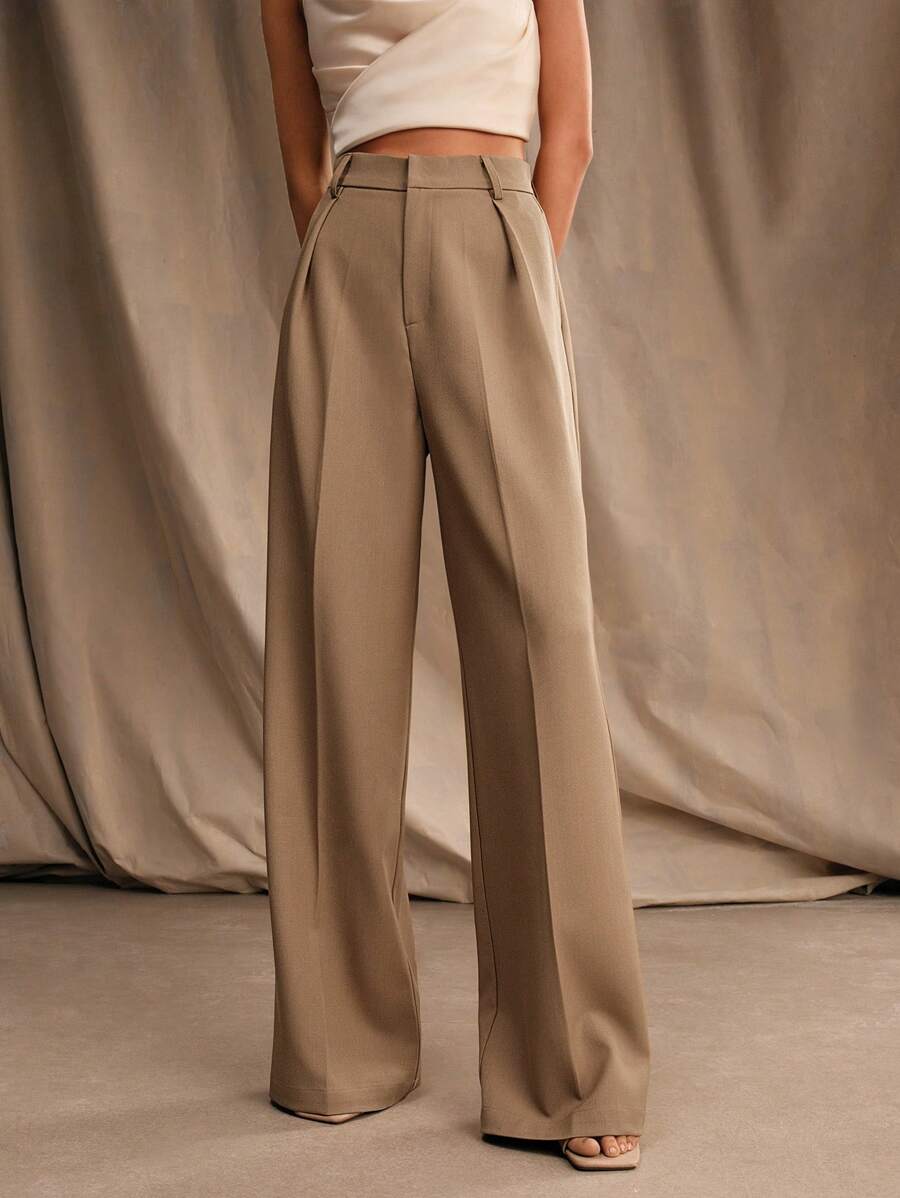 Tatiana Pleated High Waist Wide Leg Trousers with Pockets - Blue