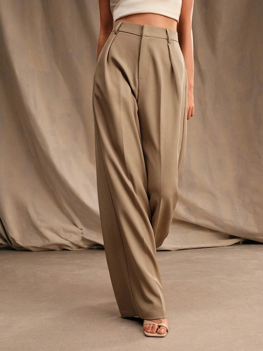Tatiana Pleated High Waist Wide Leg Trousers with Pockets - Burgundy