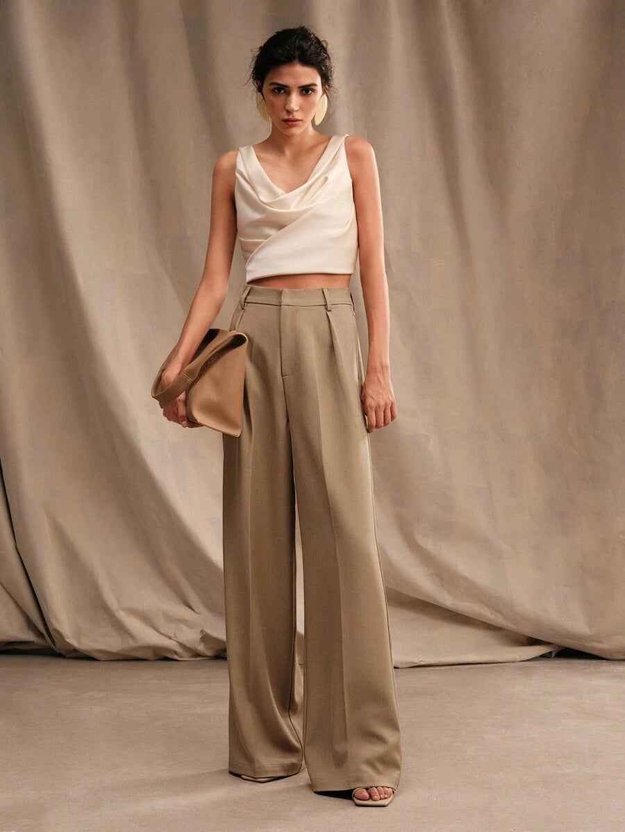 Tatiana Pleated High Waist Wide Leg Trousers with Pockets - Camel