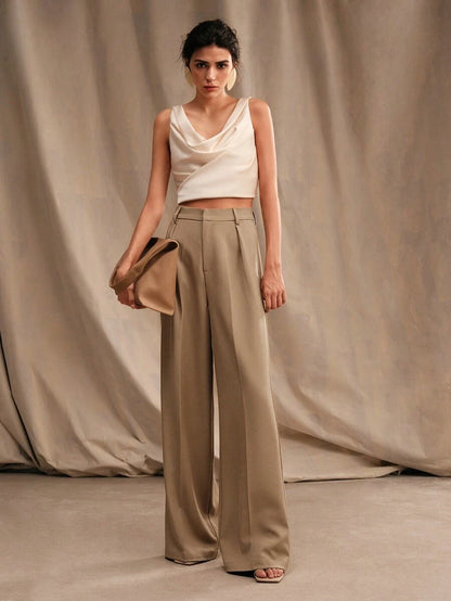 Tatiana Pleated High Waist Wide Leg Trousers with Pockets - Camel