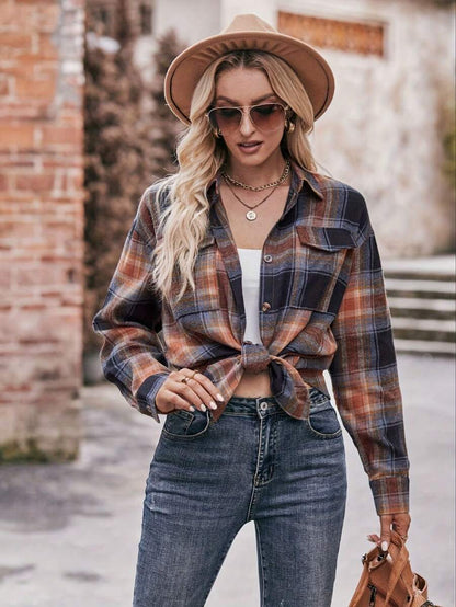 Astrid Plaid Drop Shoulder Shirt Collar Top - Black