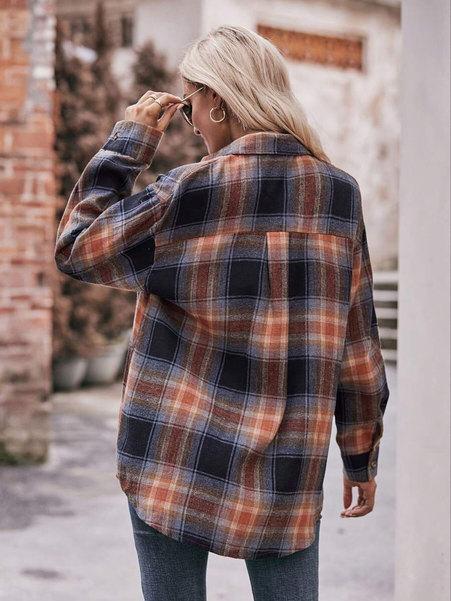 Astrid Plaid Drop Shoulder Shirt Collar Top - Pink