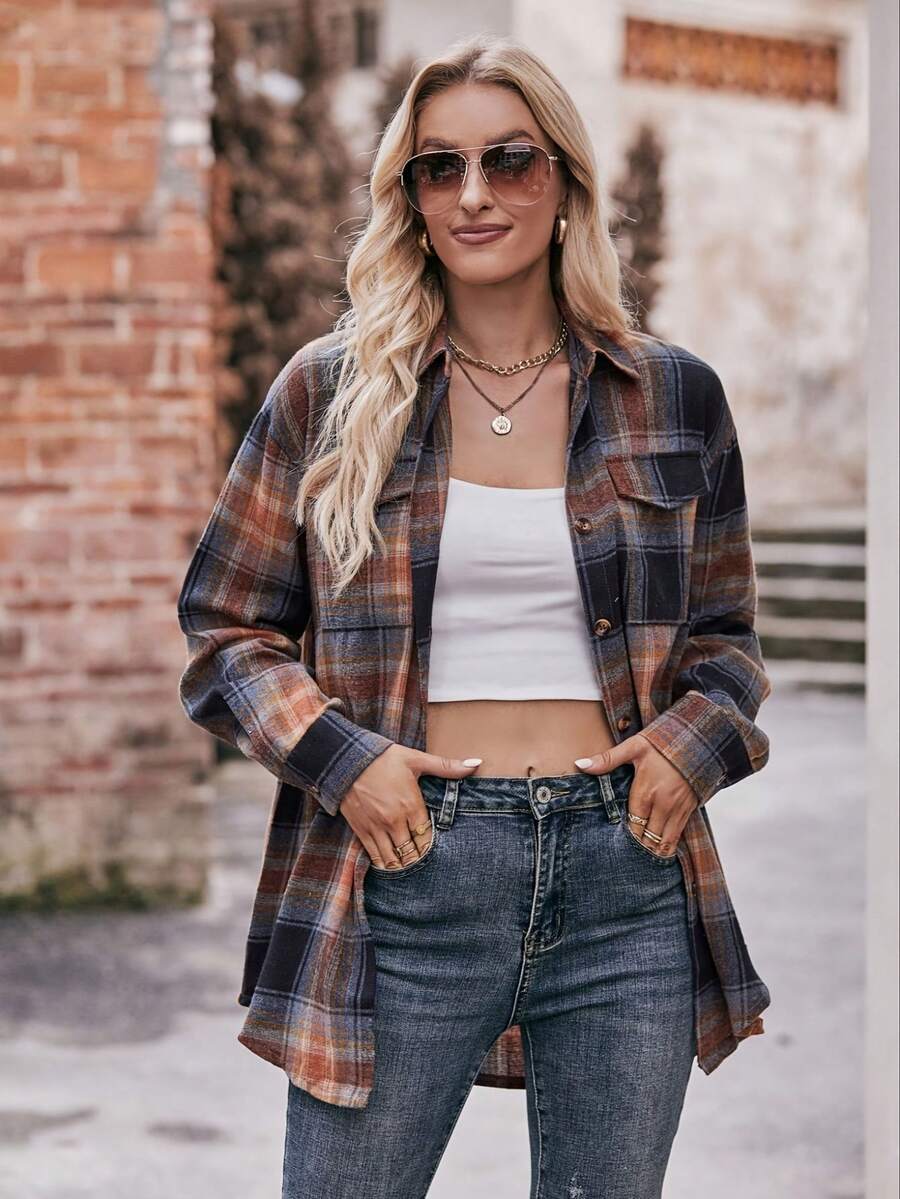 Astrid Plaid Drop Shoulder Shirt Collar Top - Orange