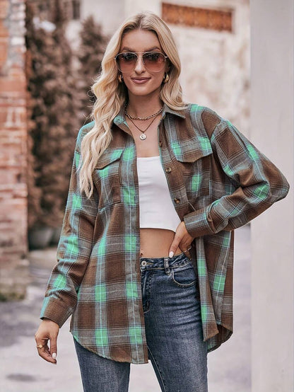 Astrid Plaid Drop Shoulder Shirt Collar Top - Green