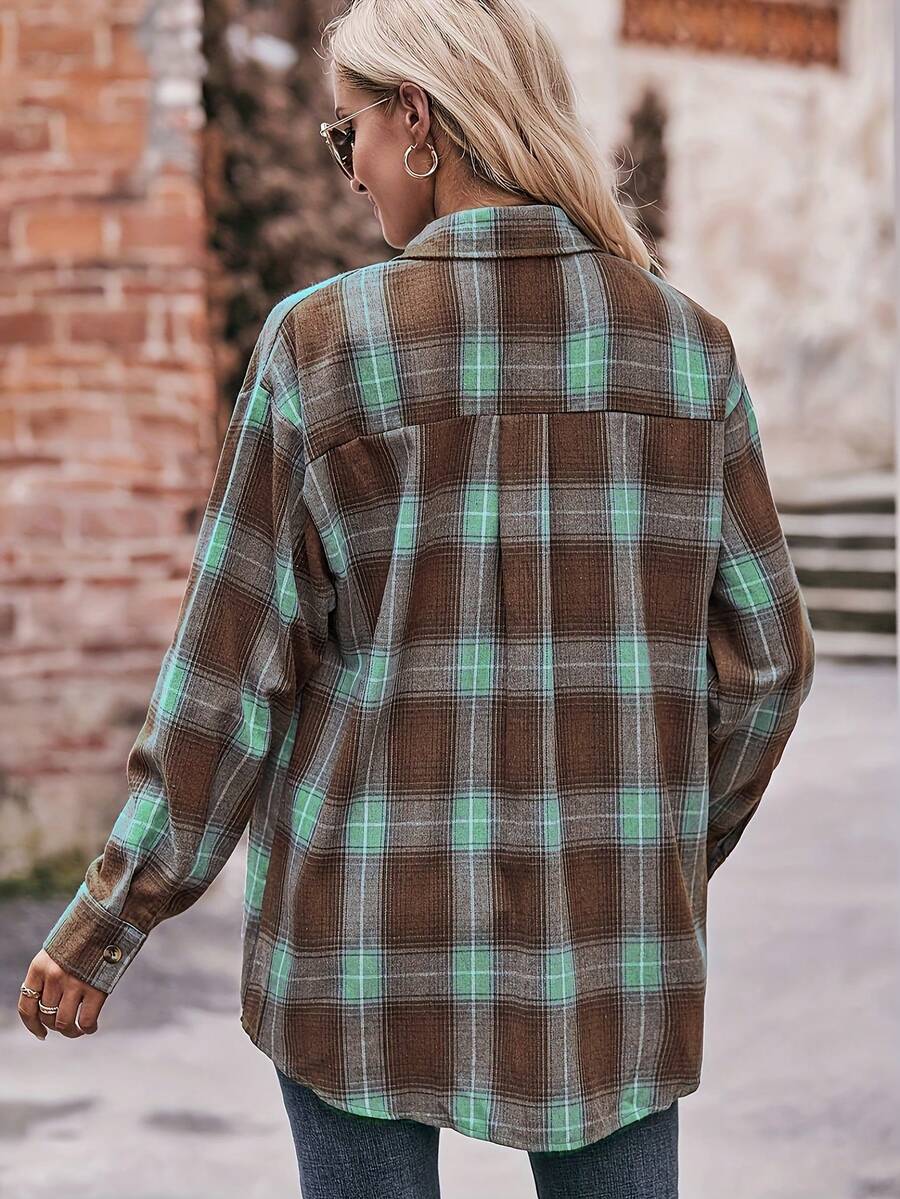 Astrid Plaid Drop Shoulder Shirt Collar Top - Navy Blue Checkered