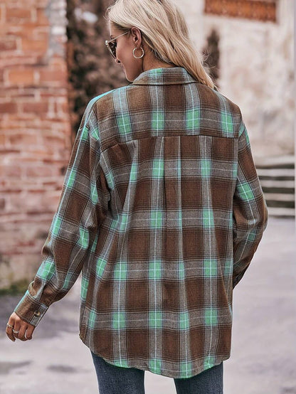 Astrid Plaid Drop Shoulder Shirt Collar Top - Navy Blue Checkered