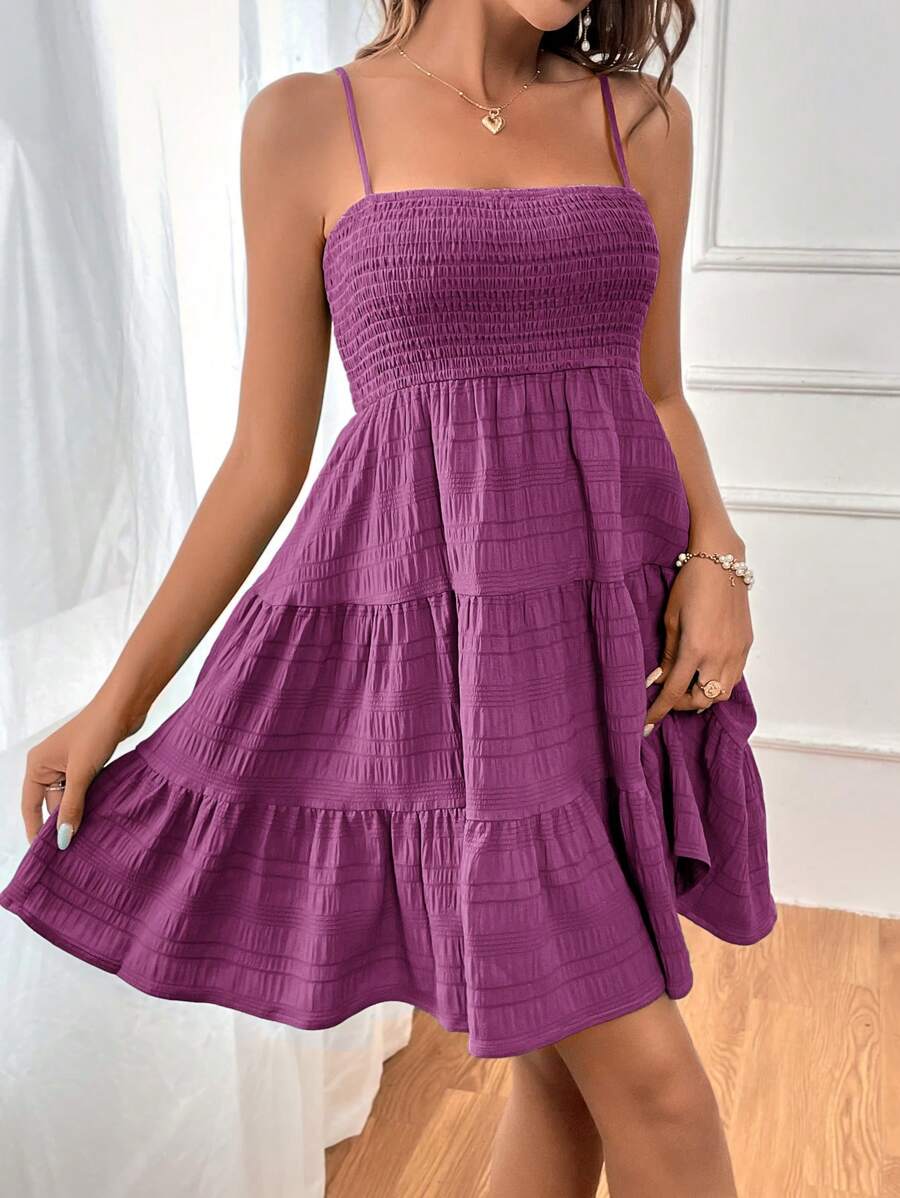 Soleia Women's Summer Holiday Solid Color Spaghetti Strap Dress With Ruffled Hem Mensa