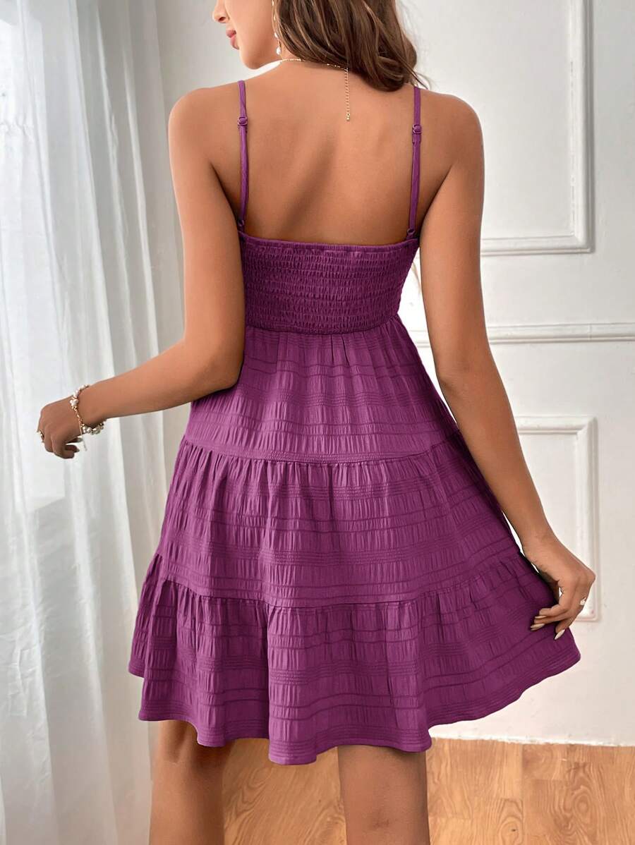 Soleia Women's Summer Holiday Solid Color Spaghetti Strap Dress With Ruffled Hem Mensa