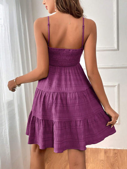 Soleia Women's Summer Holiday Solid Color Spaghetti Strap Dress With Ruffled Hem Mensa