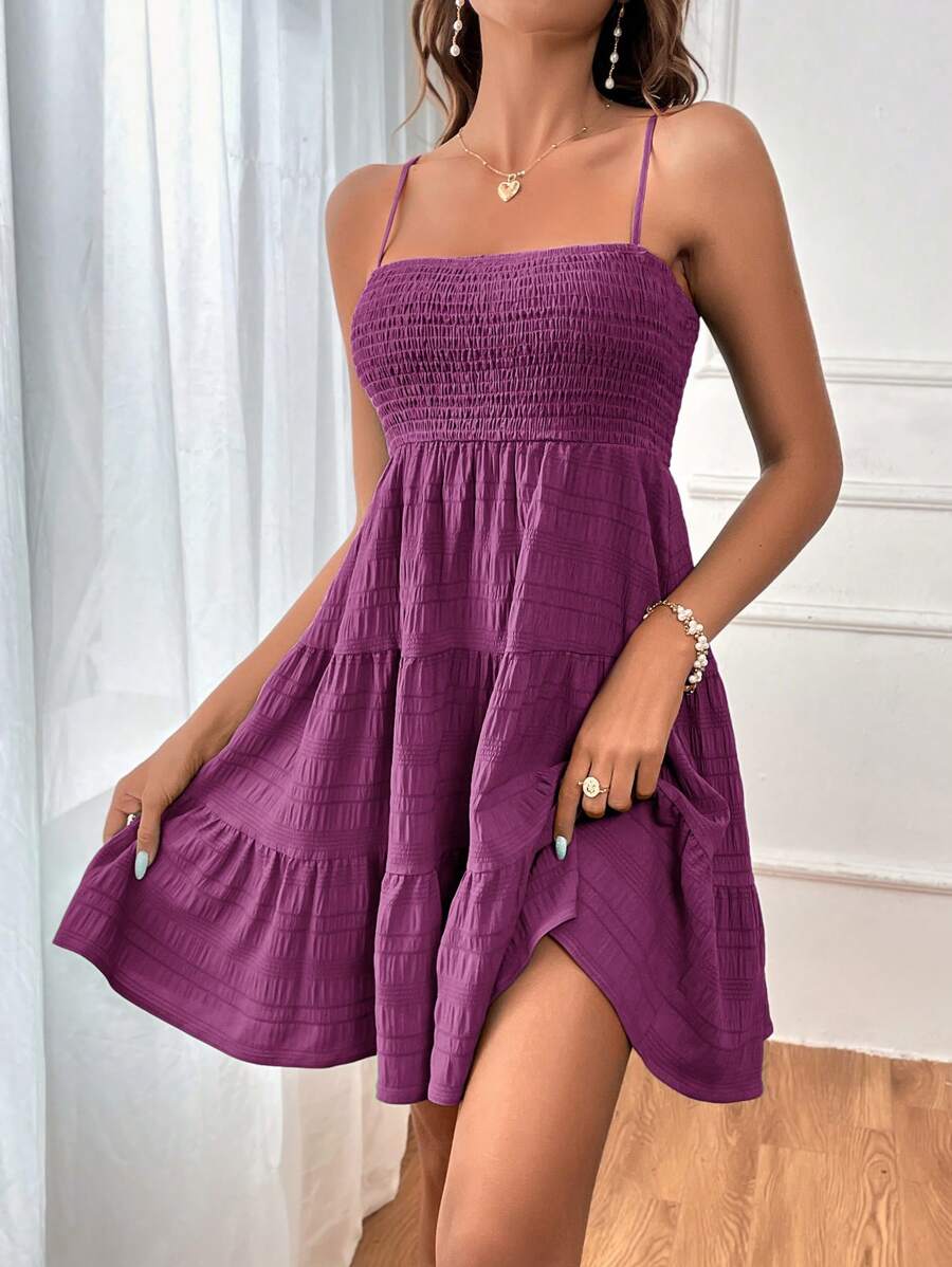 Soleia Women's Summer Holiday Solid Color Spaghetti Strap Dress With Ruffled Hem Mensa