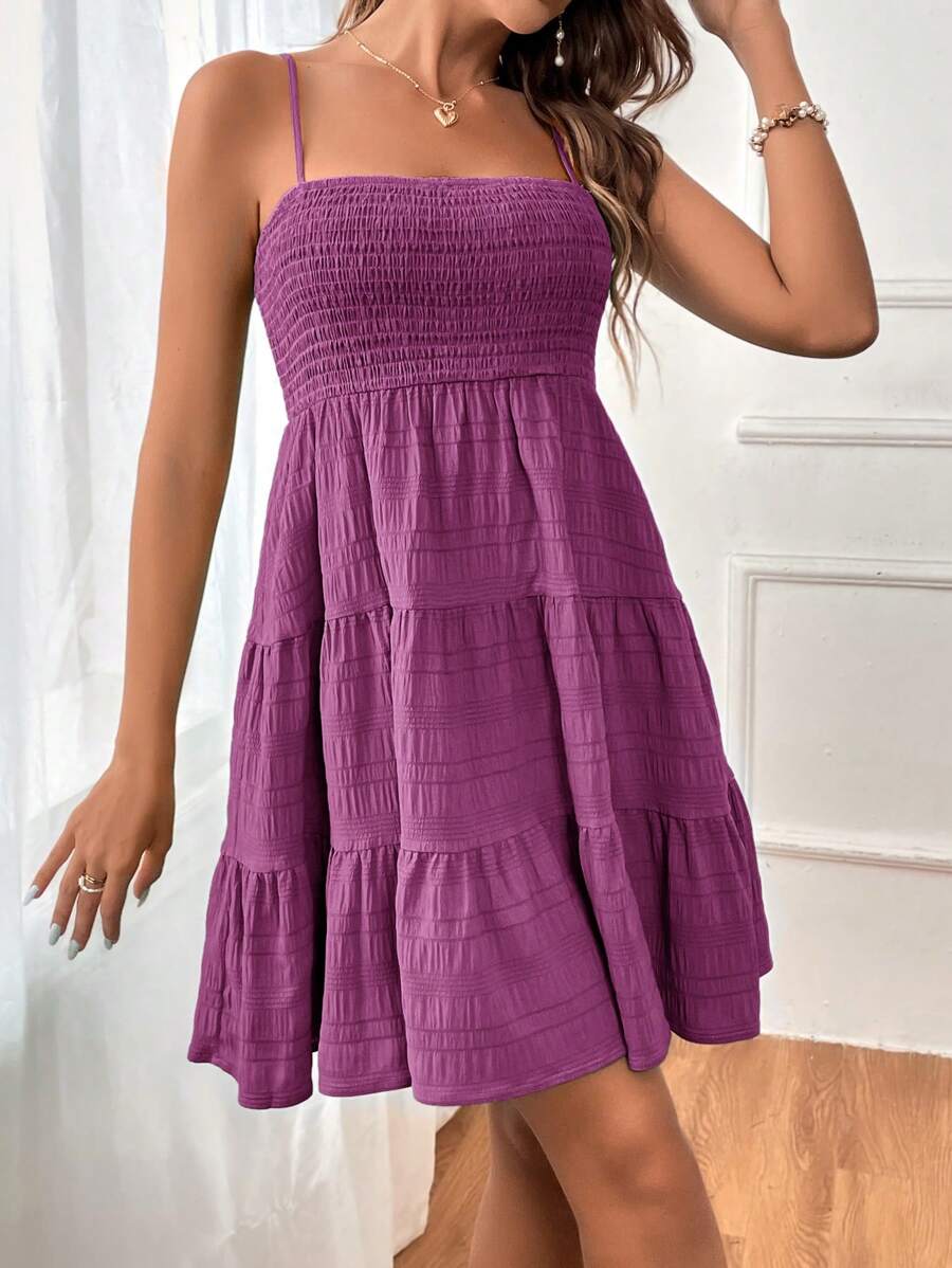 Soleia Women's Summer Holiday Solid Color Spaghetti Strap Dress With Ruffled Hem Mensa
