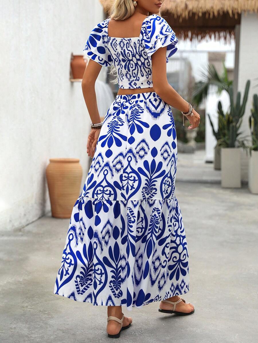 Breezaya 2pcs Women Holiday Plant Print Ruffle Sleeve Shirt & Skirt Set Mensa
