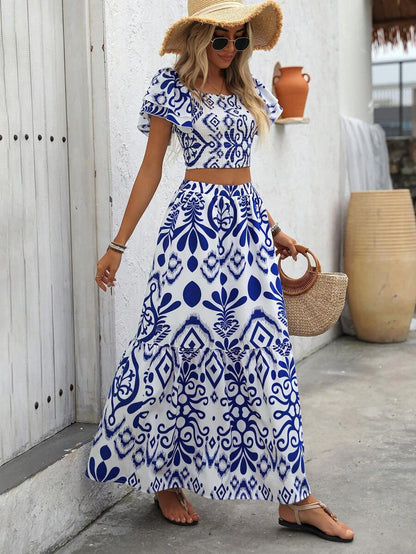 Breezaya 2pcs Women Holiday Plant Print Ruffle Sleeve Shirt & Skirt Set Mensa