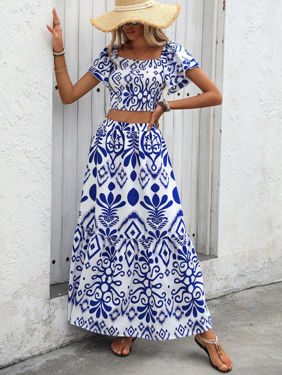 Breezaya 2pcs Women Holiday Plant Print Ruffle Sleeve Shirt & Skirt Set Mensa