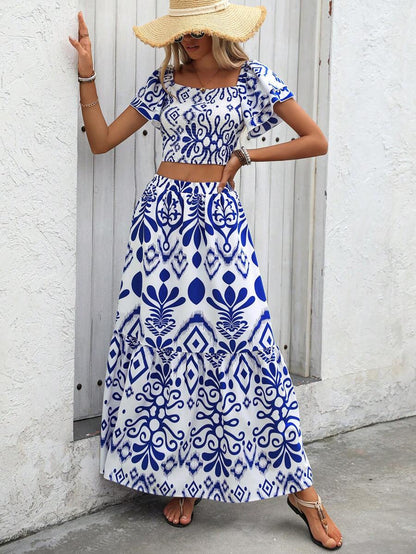 Breezaya 2pcs Women Holiday Plant Print Ruffle Sleeve Shirt & Skirt Set Mensa