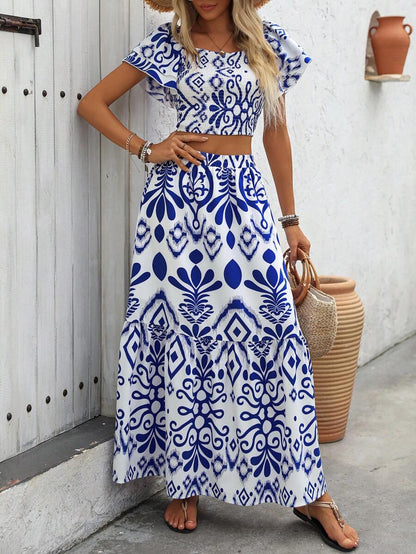 Breezaya 2pcs Women Holiday Plant Print Ruffle Sleeve Shirt & Skirt Set Mensa