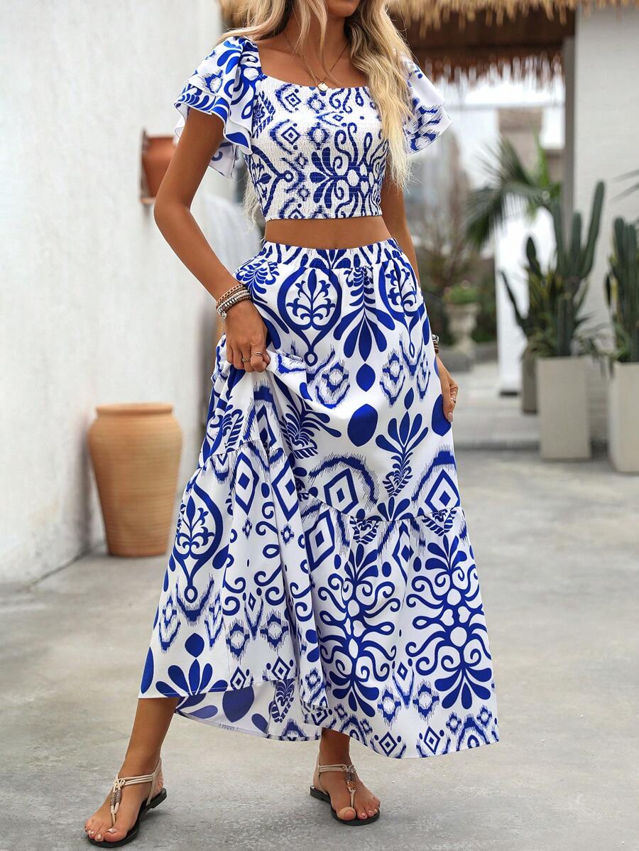 Breezaya 2pcs Women Holiday Plant Print Ruffle Sleeve Shirt & Skirt Set Mensa