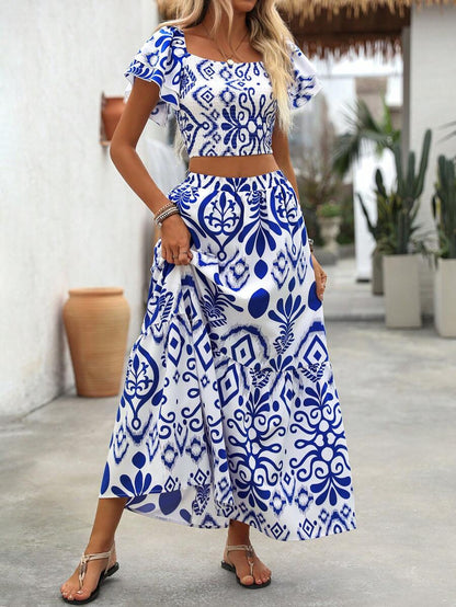 Breezaya 2pcs Women Holiday Plant Print Ruffle Sleeve Shirt & Skirt Set Mensa