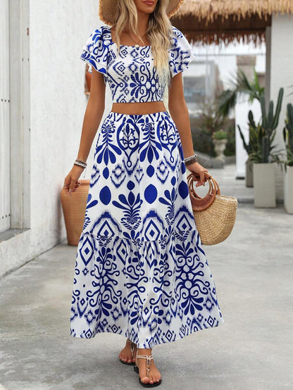 Breezaya 2pcs Women Holiday Plant Print Ruffle Sleeve Shirt & Skirt Set Mensa