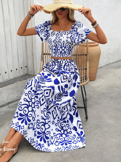 Breezaya 2pcs Women Holiday Plant Print Ruffle Sleeve Shirt & Skirt Set Mensa