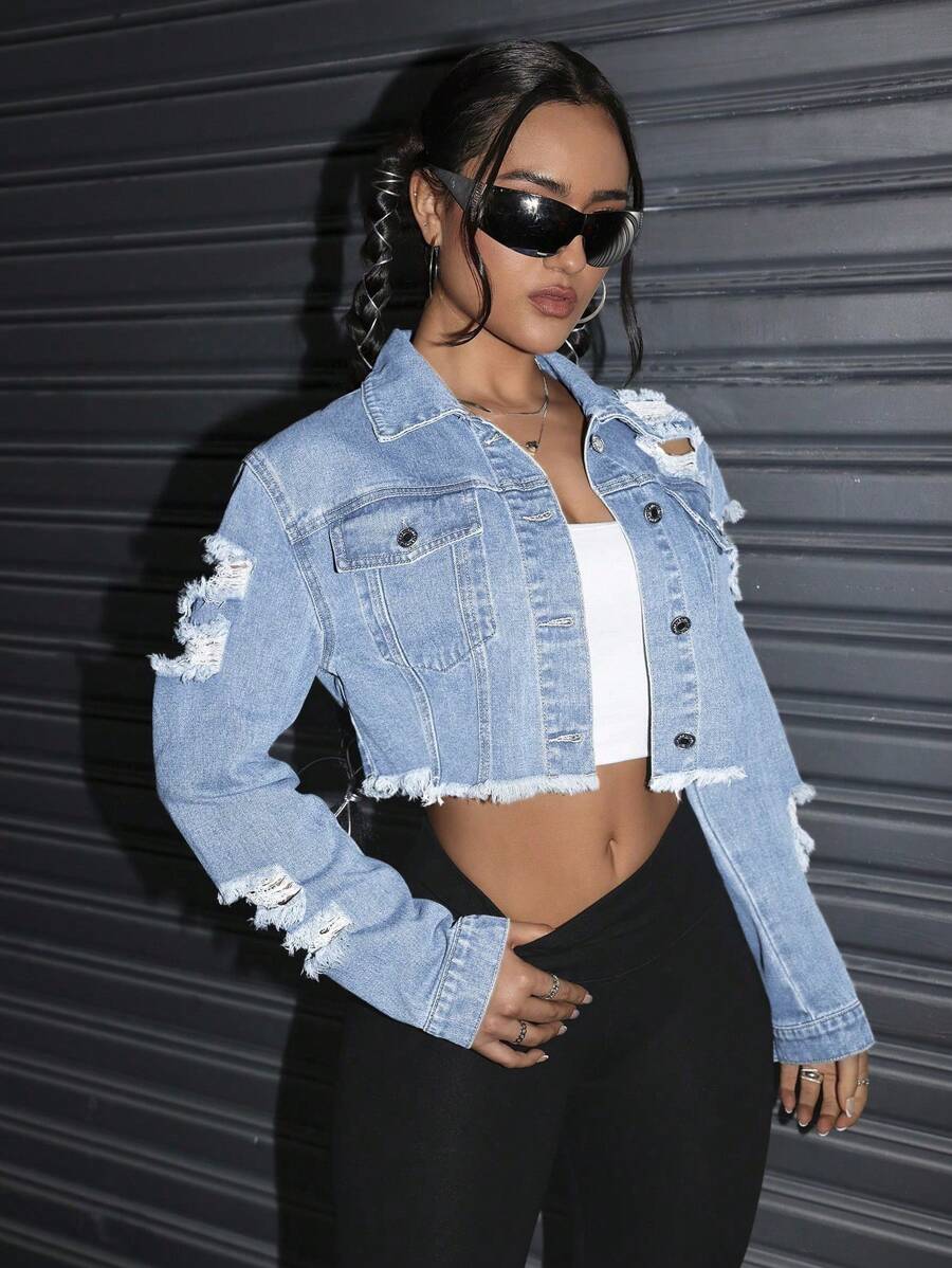 Celeste Distressed Crop Frayed Denim Jacket - Black