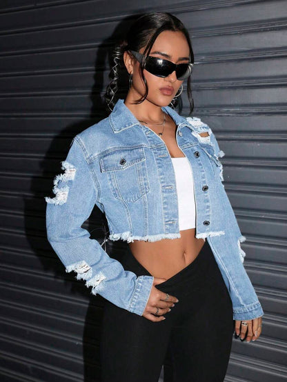 Celeste Distressed Crop Frayed Denim Jacket - Black