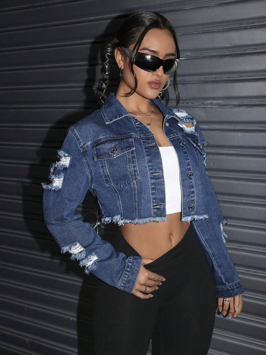 Celeste Distressed Crop Frayed Denim Jacket - Black