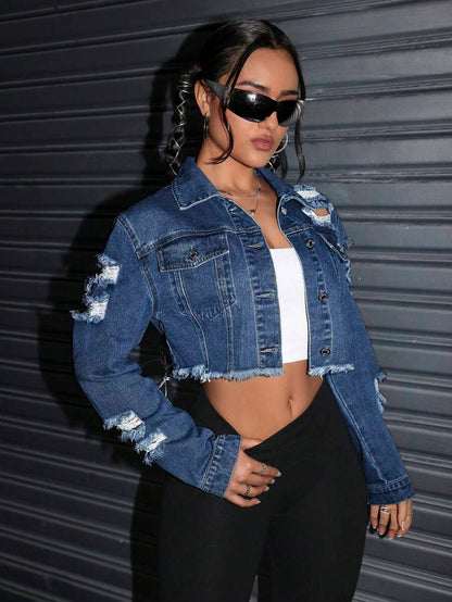 Celeste Distressed Crop Frayed Denim Jacket - Black