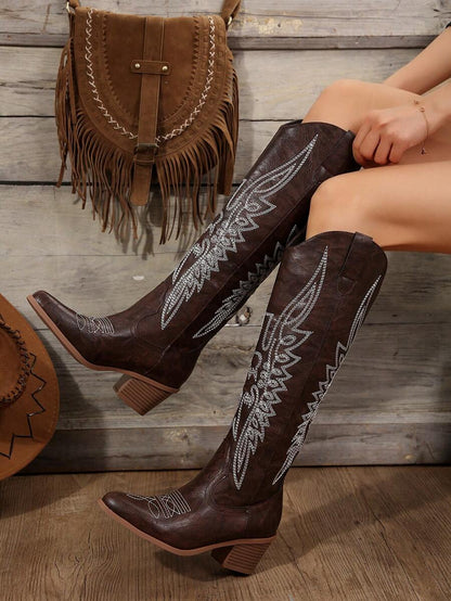 FVPFVP Fall/Winter 2025 Inspired Embroidered Boots, European & American New Style Chunky Heel Increased Height Retro Knee-High Cowboy Boots For Women,Western Style,Cowgirl Boots,Coachella Mensa