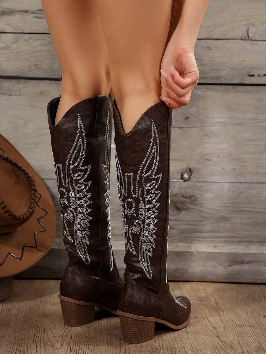 FVPFVP Fall/Winter 2025 Inspired Embroidered Boots, European & American New Style Chunky Heel Increased Height Retro Knee-High Cowboy Boots For Women,Western Style,Cowgirl Boots,Coachella Mensa