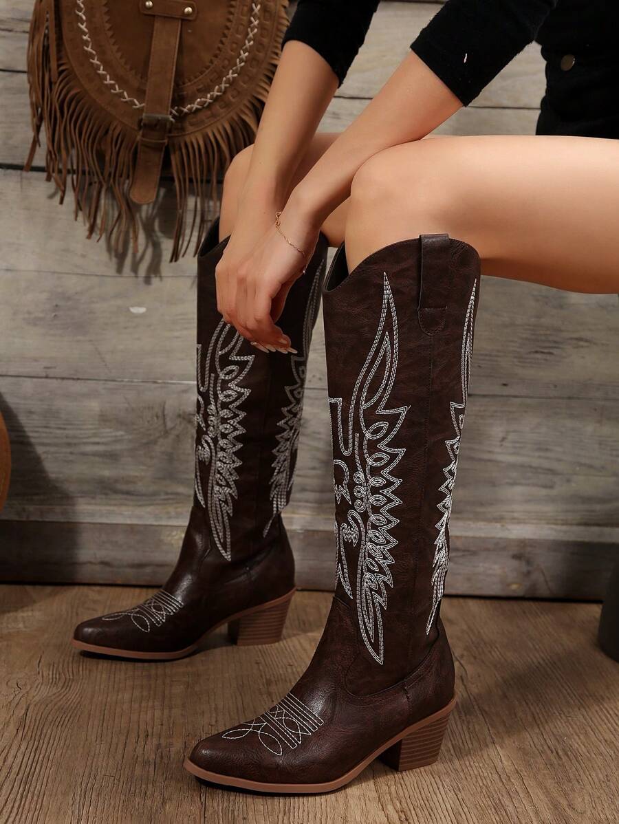 FVPFVP Fall/Winter 2025 Inspired Embroidered Boots, European & American New Style Chunky Heel Increased Height Retro Knee-High Cowboy Boots For Women,Western Style,Cowgirl Boots,Coachella Mensa