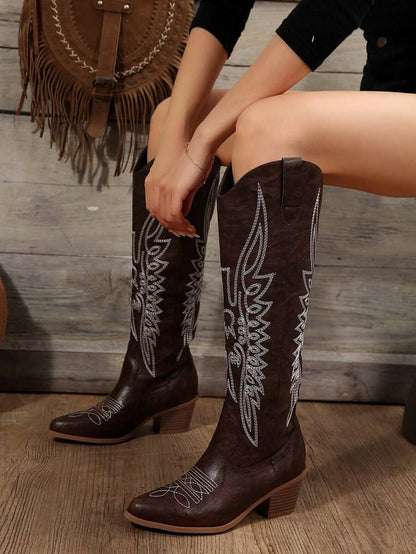 FVPFVP Fall/Winter 2025 Inspired Embroidered Boots, European & American New Style Chunky Heel Increased Height Retro Knee-High Cowboy Boots For Women,Western Style,Cowgirl Boots,Coachella Mensa