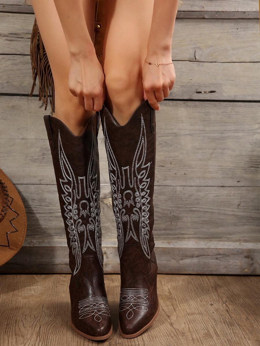 FVPFVP Fall/Winter 2025 Inspired Embroidered Boots, European & American New Style Chunky Heel Increased Height Retro Knee-High Cowboy Boots For Women,Western Style,Cowgirl Boots,Coachella Mensa