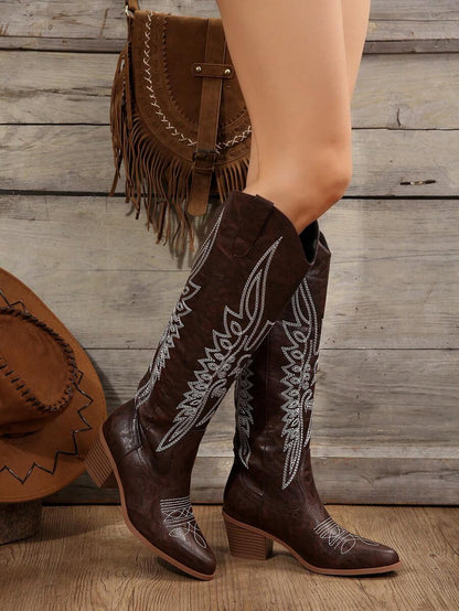 FVPFVP Fall/Winter 2025 Inspired Embroidered Boots, European & American New Style Chunky Heel Increased Height Retro Knee-High Cowboy Boots For Women,Western Style,Cowgirl Boots,Coachella Mensa