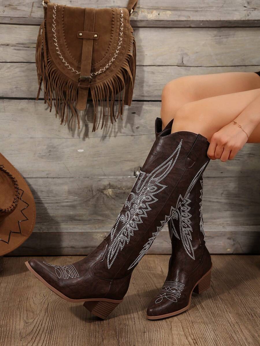 FVPFVP Fall/Winter 2025 Inspired Embroidered Boots, European & American New Style Chunky Heel Increased Height Retro Knee-High Cowboy Boots For Women,Western Style,Cowgirl Boots,Coachella Mensa