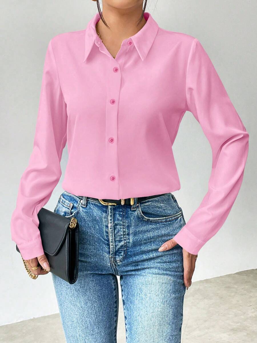 Pia Button Front Long Sleeve Blouse Classic Collared Shirt - Baby Pink