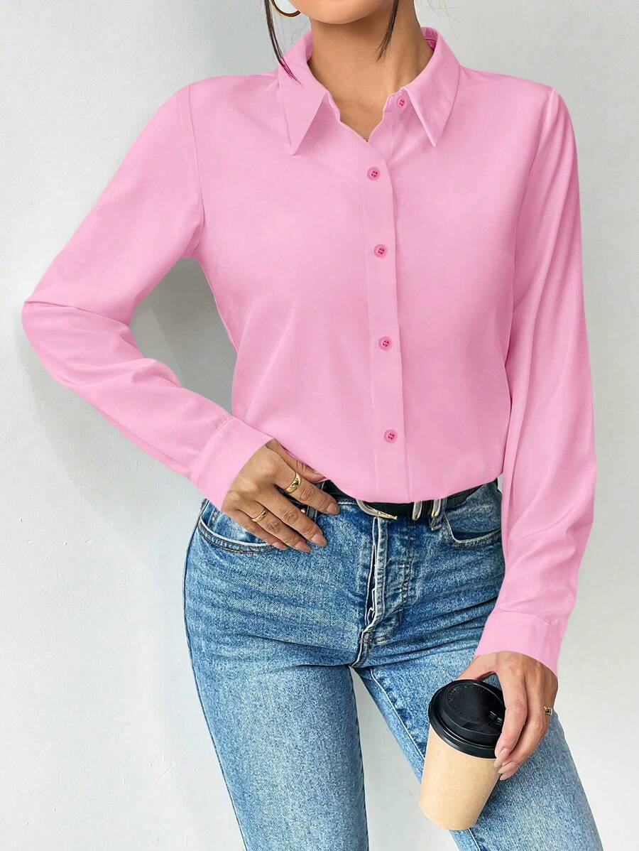 Pia Button Front Long Sleeve Blouse Classic Collared Shirt - Baby Pink
