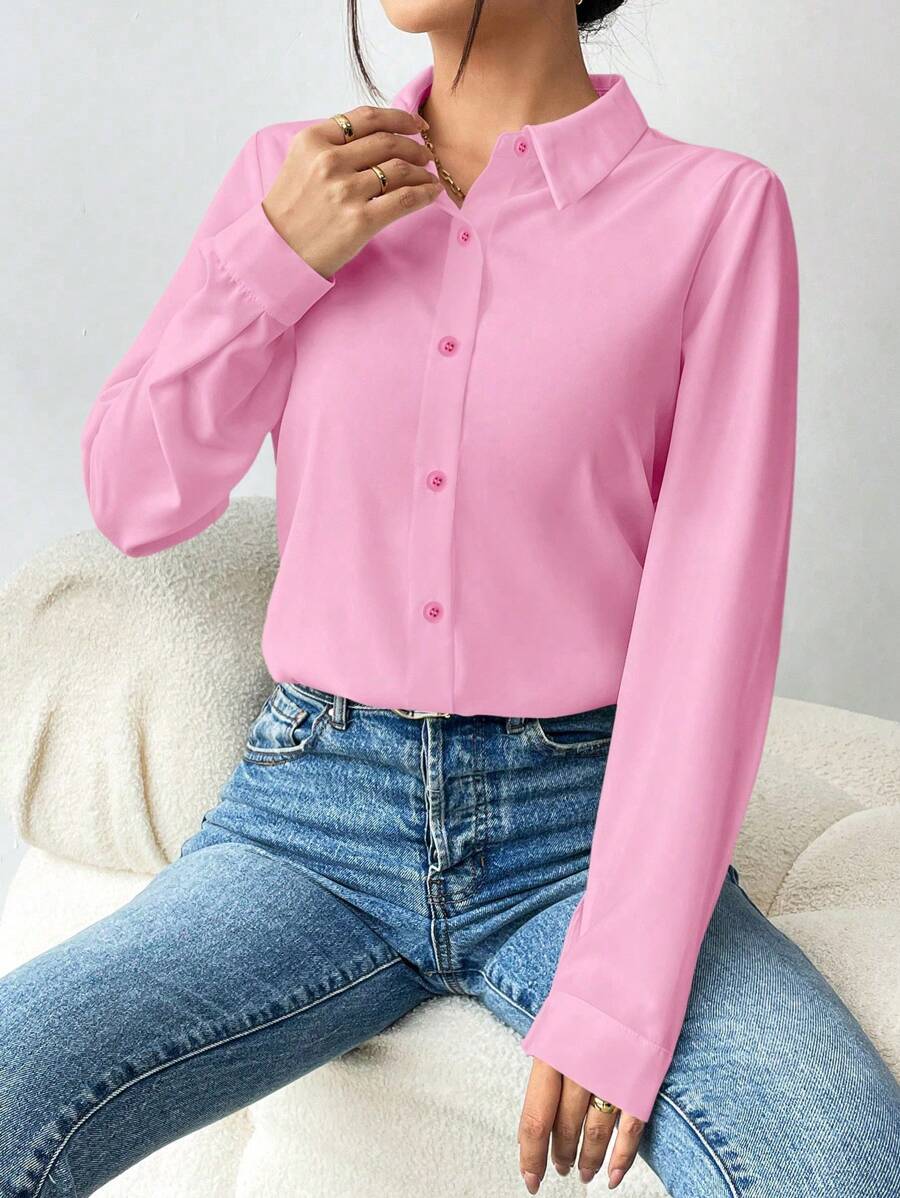 Pia Button Front Long Sleeve Blouse Classic Collared Shirt - Baby Pink