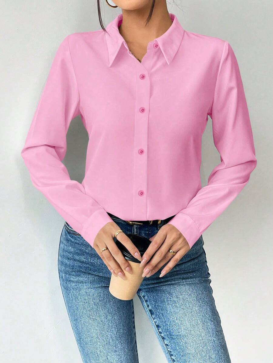 Pia Button Front Long Sleeve Blouse Classic Collared Shirt - Baby Pink