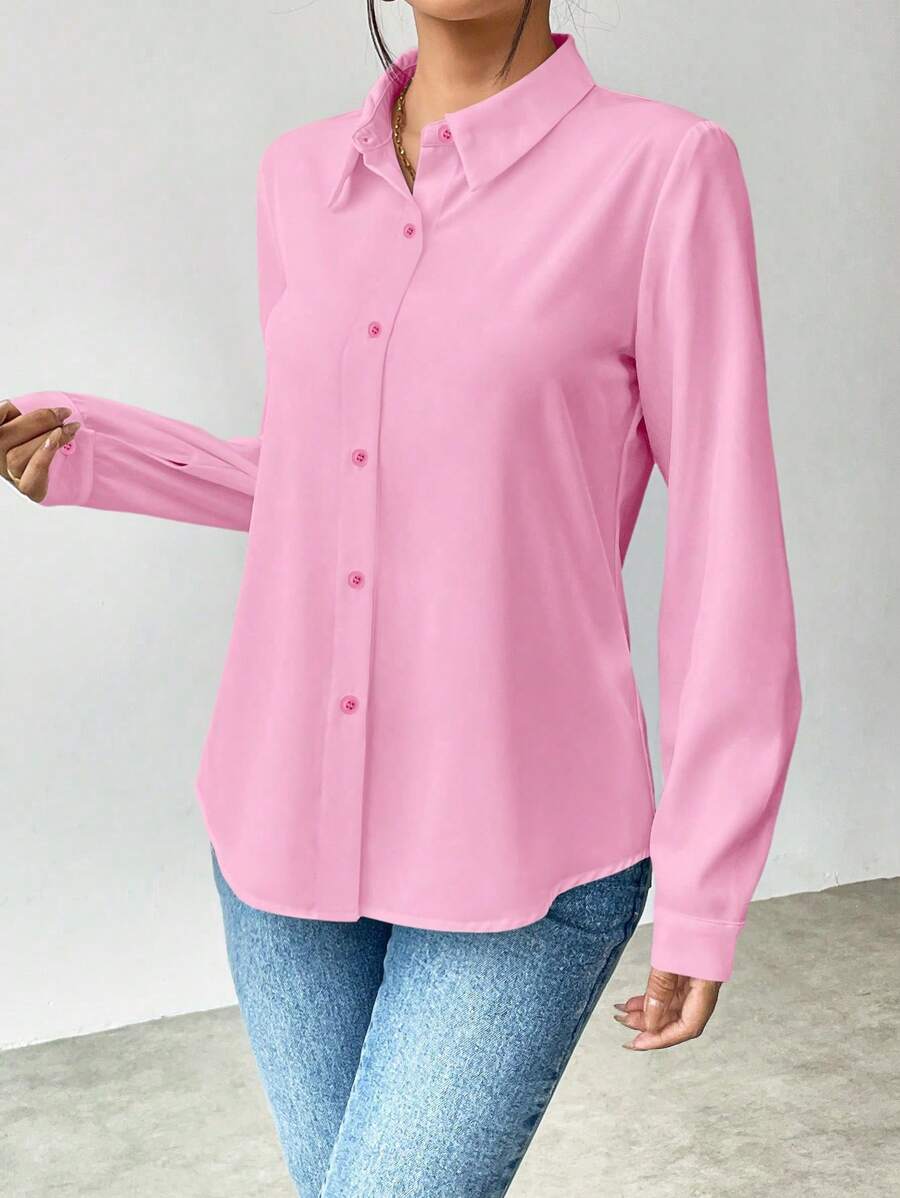 Pia Button Front Long Sleeve Blouse Classic Collared Shirt - Baby Pink