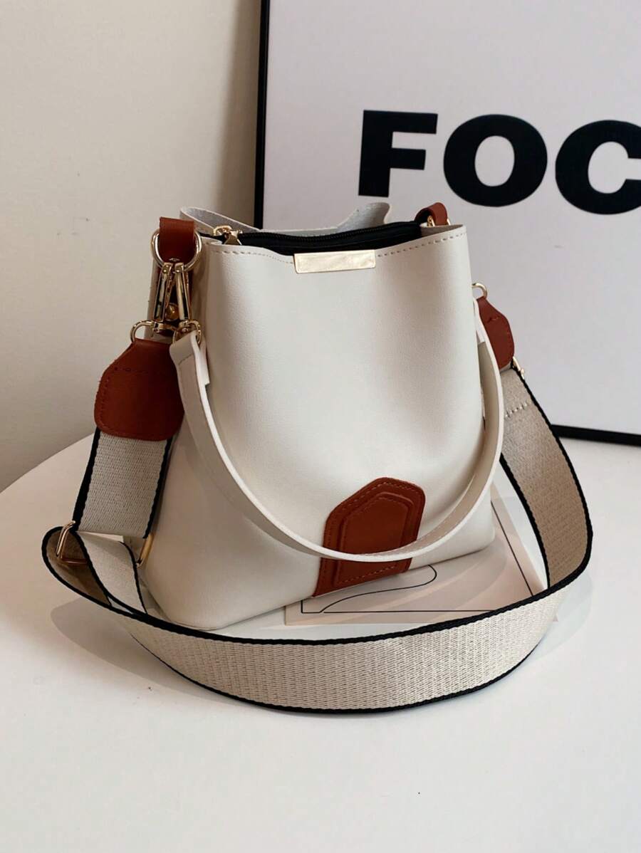 Lausanne Suede Look Bucket Bag with Wide Shoulder Strap - White