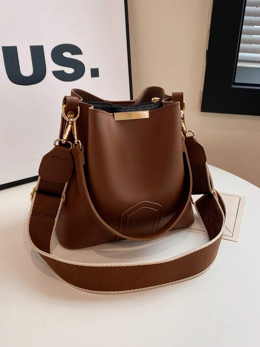 Lausanne Suede Look Bucket Bag with Wide Shoulder Strap - Brown