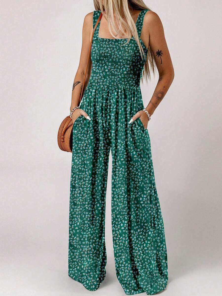 Acelitt Women's Bohemian Style Printed Square Neck Pleated Patchwork Pocket Loose Wide Leg Casual Jumpsuit, Summer Elegant Mensa