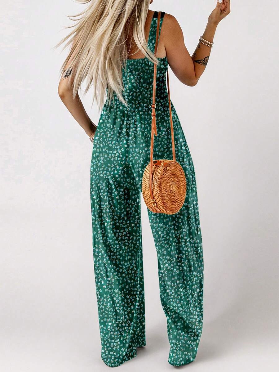 Acelitt Women's Bohemian Style Printed Square Neck Pleated Patchwork Pocket Loose Wide Leg Casual Jumpsuit, Summer Elegant Mensa