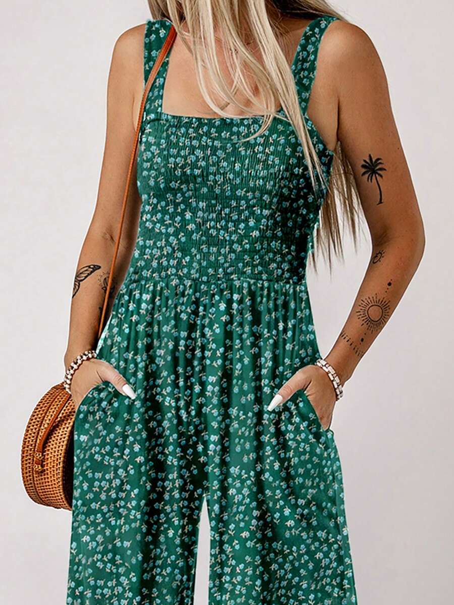 Acelitt Women's Bohemian Style Printed Square Neck Pleated Patchwork Pocket Loose Wide Leg Casual Jumpsuit, Summer Elegant Mensa
