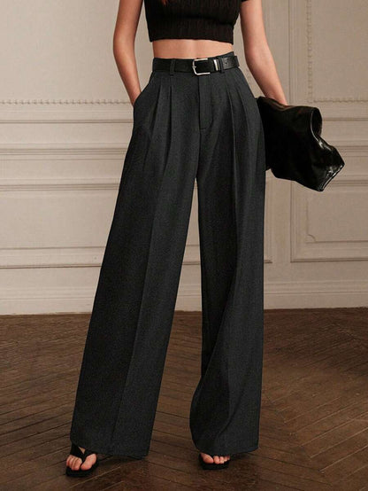 Women's Pleated Wide Leg Dress Trousers, Stretch Tailored Pants for Work Office - Grey