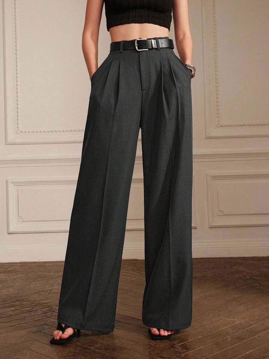 Women's Pleated Wide Leg Dress Trousers, Stretch Tailored Pants for Work Office - Khaki